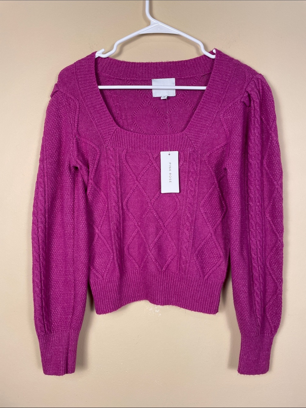 NWT Pink Rose Women's Violet Fuchsia Cable Knit Square Neck Sweater